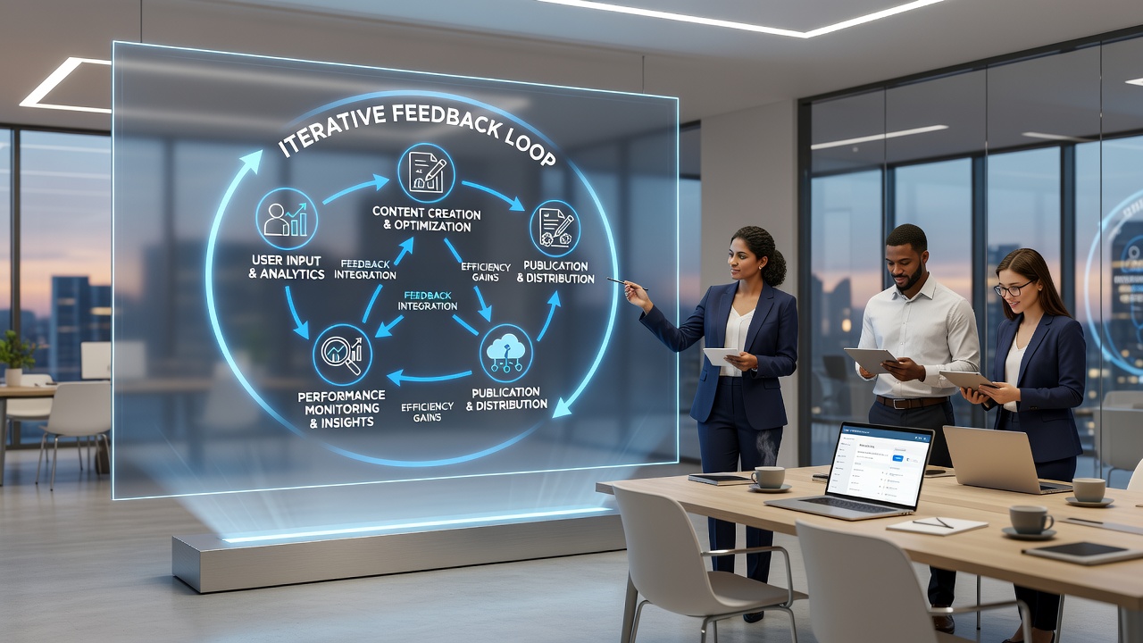 Team members reviewing content analytics on multiple screens, illustrating collaborative feedback sessions in a modern office setting